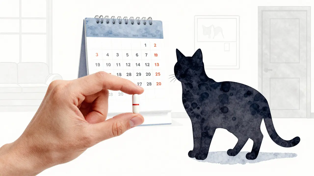 Рука держит таблетку, рядом — кошка, на фоне календарь с пометками о вакцинации и уборке.
