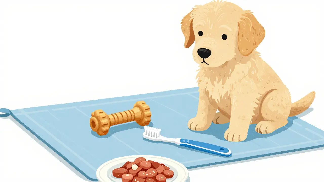 Щенок с жевательной игрушкой и щеткой для зубов