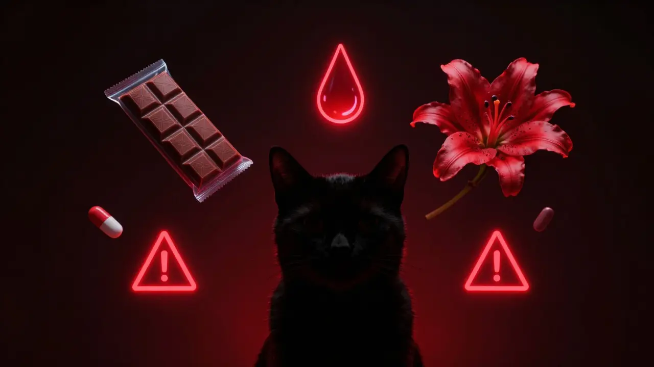 Силуэт кошки с прозрачными токсинами вокруг: шоколад, антифриз, таблетка, лилия.