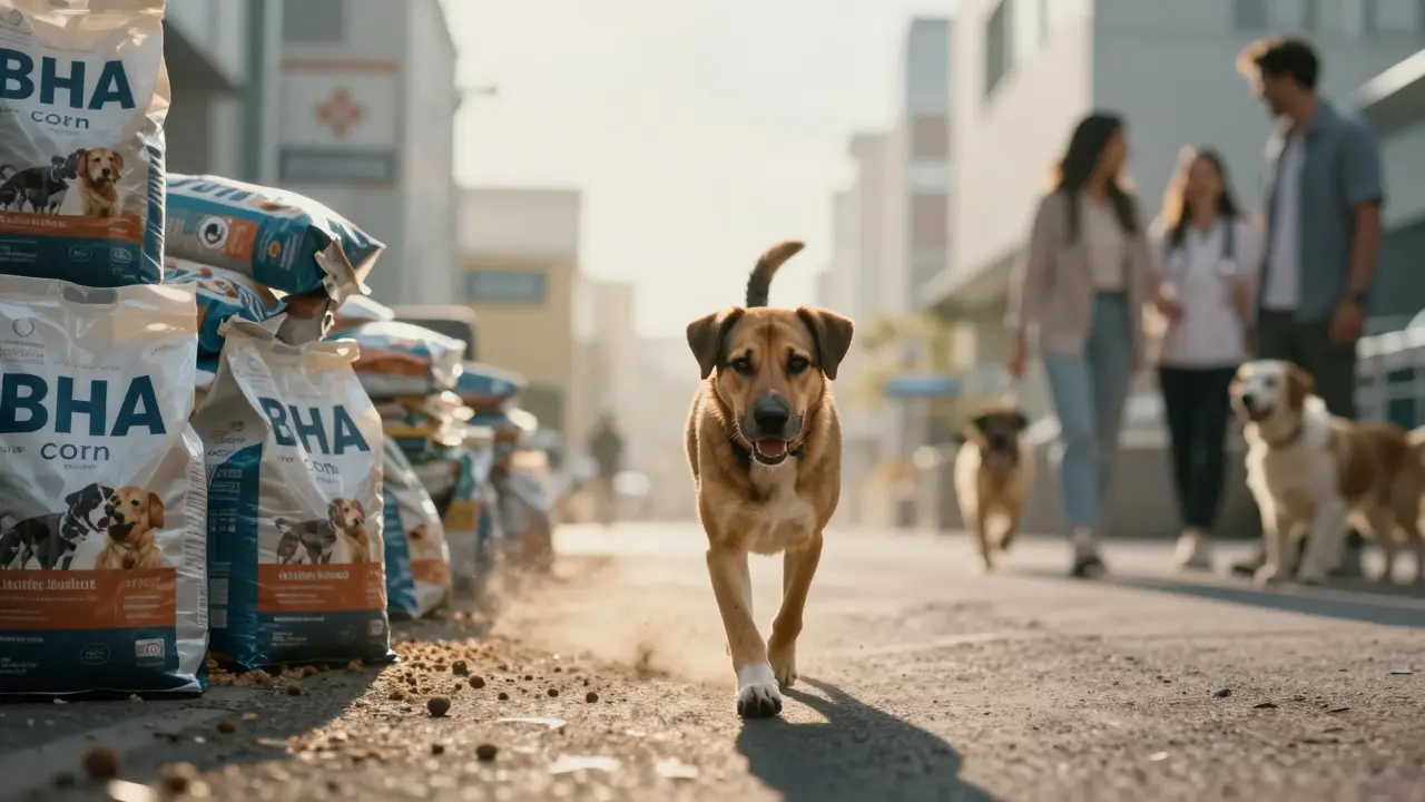 Собака идет к светлому горизонту, а позади нее рушится куча дешевого корма с вредными добавками.