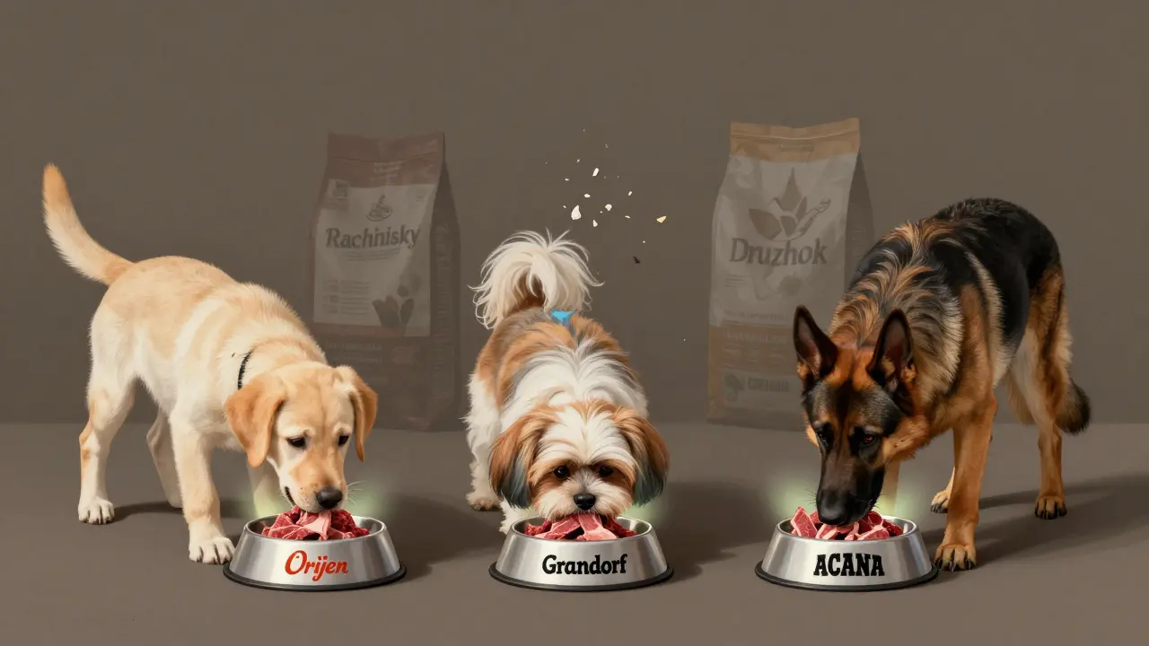 Три собаки разных пород едят из мисок с брендами Orijen, Grandorf и Acana, позади — разваливающиеся пакеты дешевых кормов.