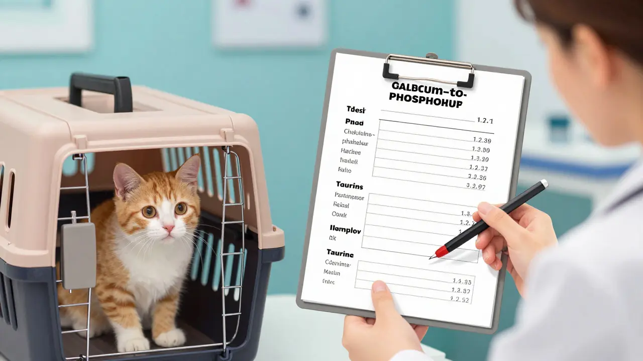 Ветеринар показывает индивидуальный рацион котёнку с анализом крови