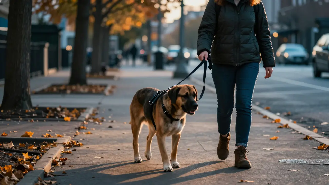 Владелец гуляет с собакой в городе на безопасном поводке