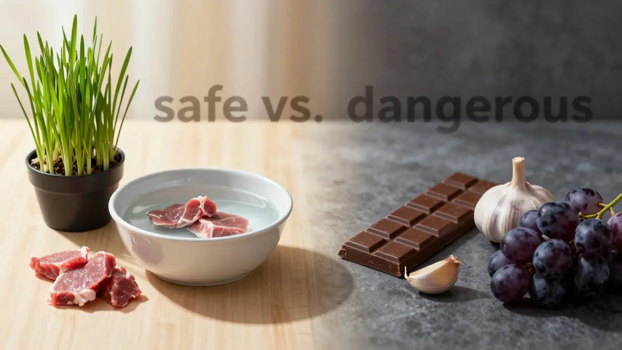 Концептуальное изображение безопасных продуктов и запрещенной еды для кошек