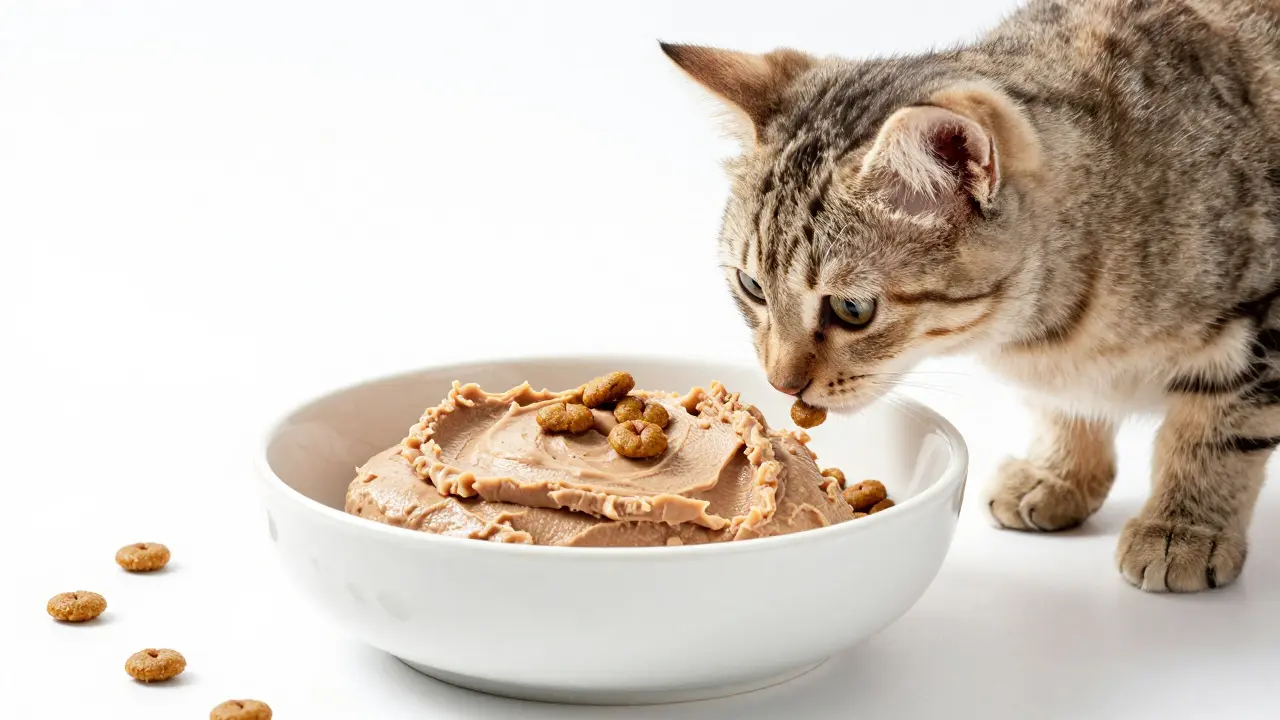 Маленький котенок пробует первый прикорм в виде мягкого паштета в белой миске