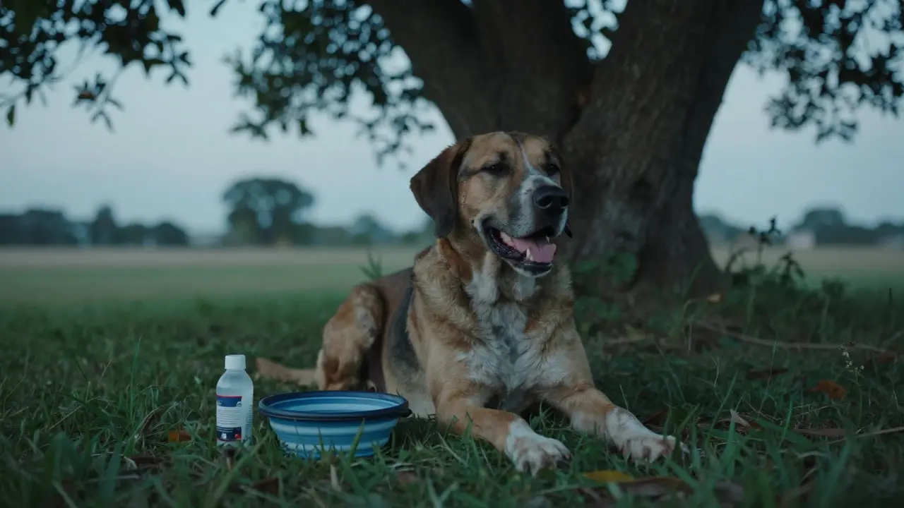 Отдыхающая охотничья собака с миской воды после активной работы