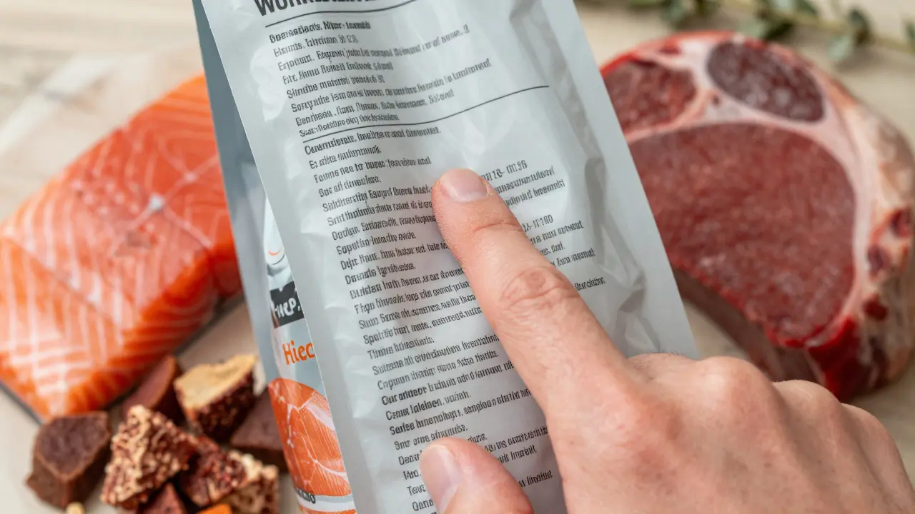Рука указывает на состав корма рядом со свежим лососем и говядиной