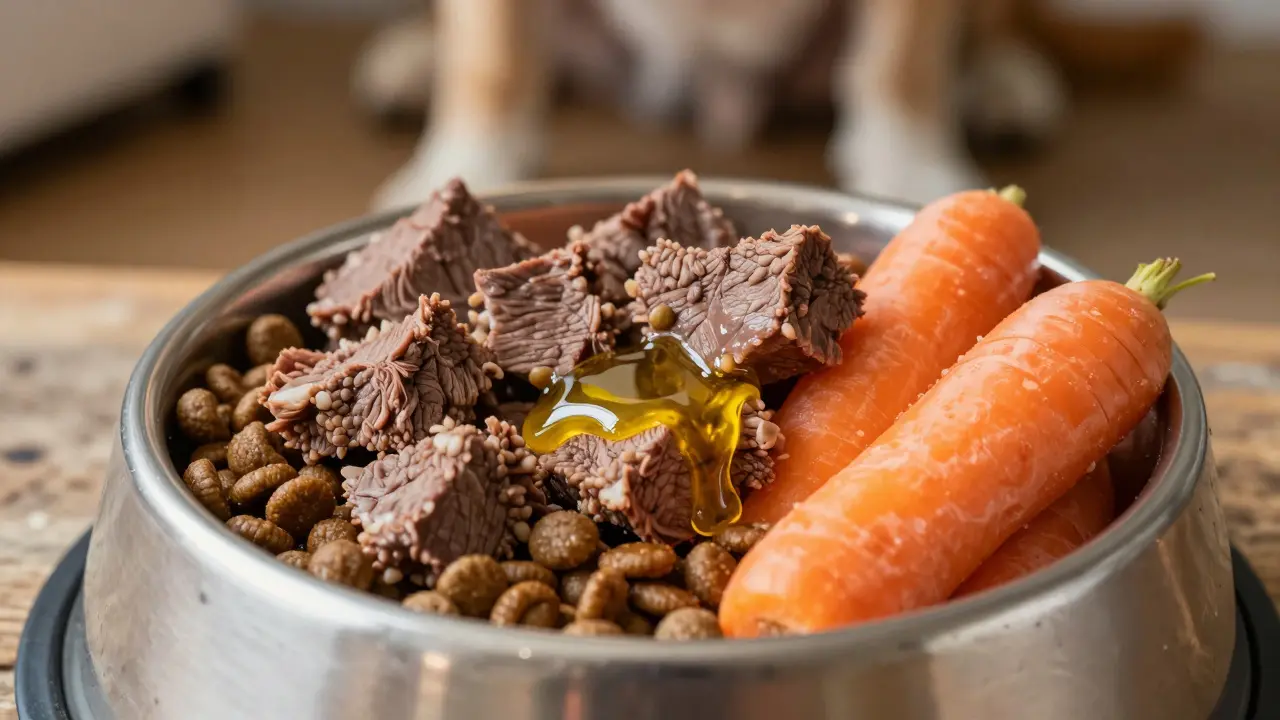 Сбалансированный рацион с белками и полезными жирами в миске собаки