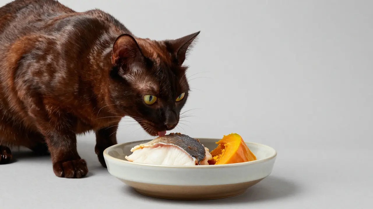 Здоровая кошка с блестящей шерстью ест рыбу с тыквой из керамической миски