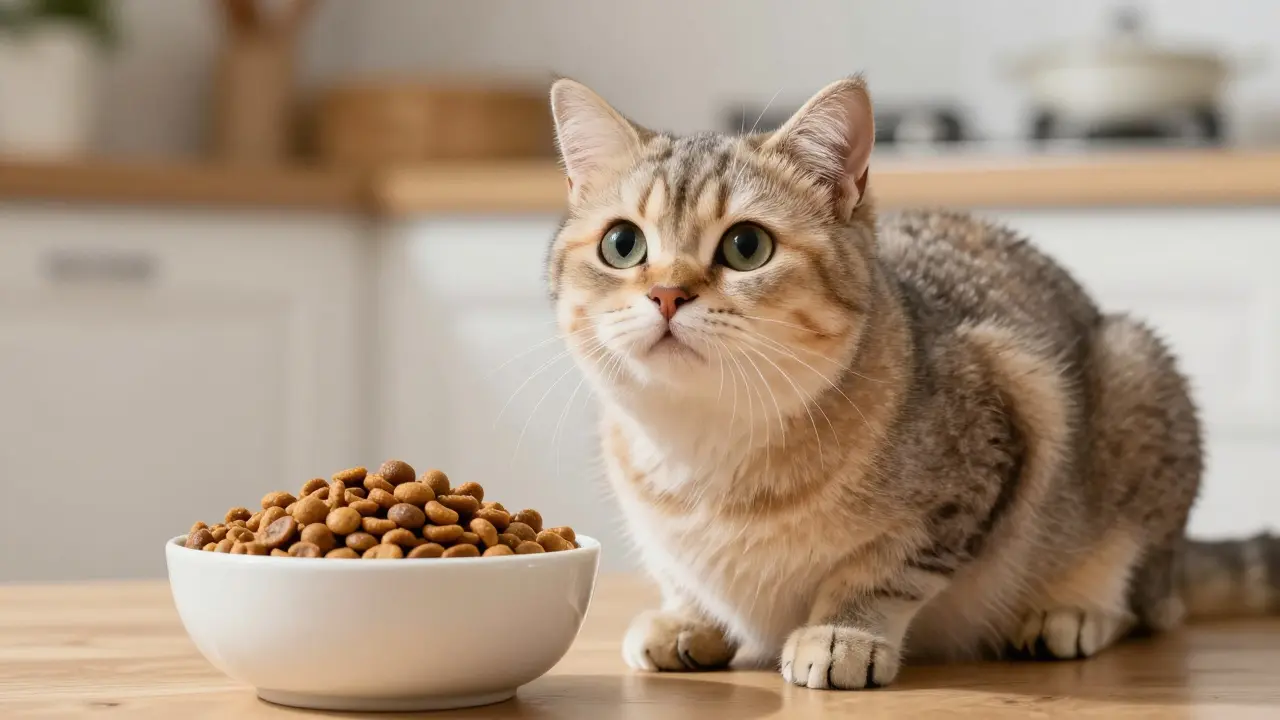 Здоровая кошка с блестящей шерстью рядом с миской качественного белкового корма