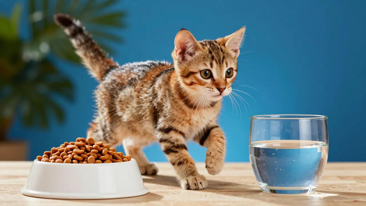 Здоровый активный котенок рядом с мисками еды и свежей водой