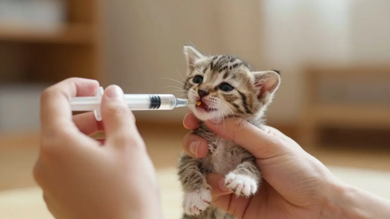 Аккуратное кормление котенка из шприца без иглы