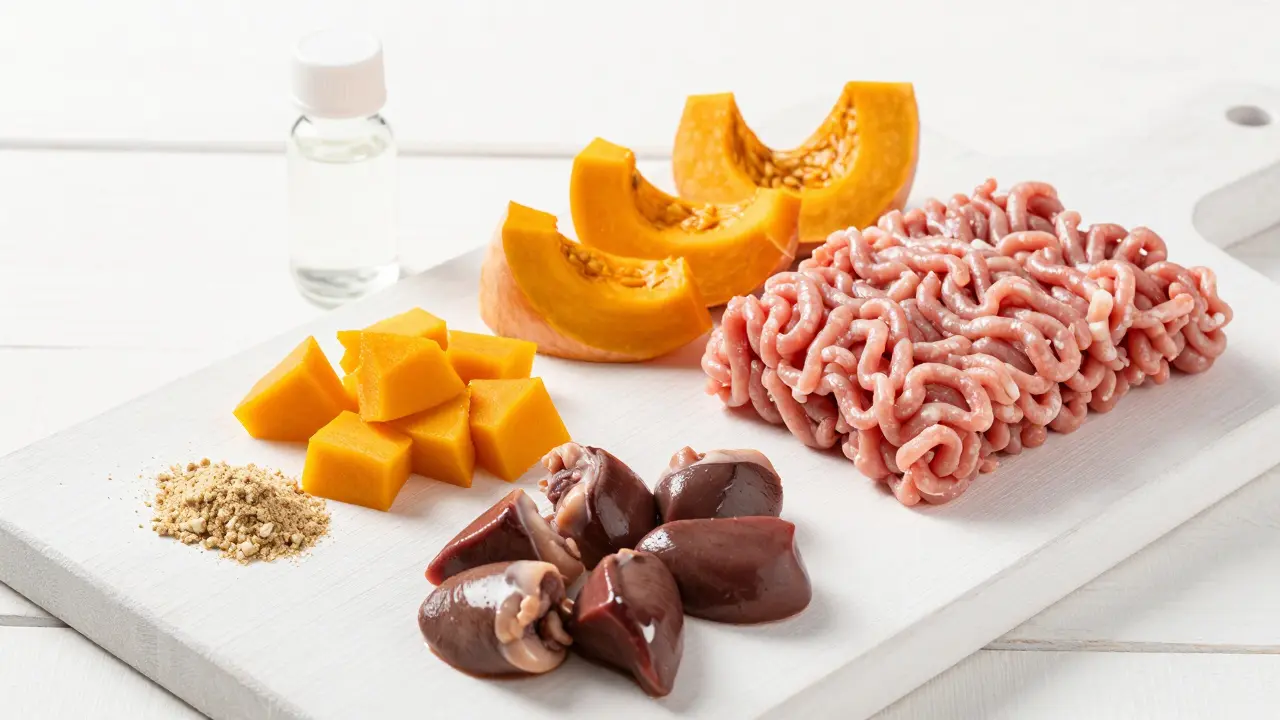 Ингредиенты для натурального питания котенка: мясо, овощи, витамины