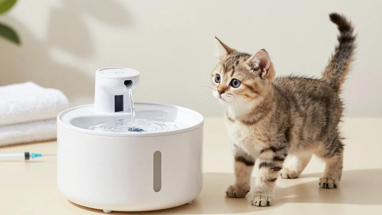 Котенок исследует фонтанчик для питья в светлой комнате