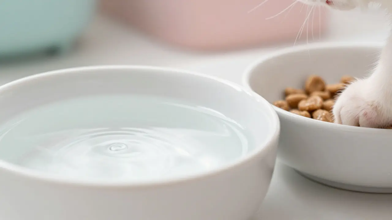 Низкая миска с чистой водой и едой для месячного котенка
