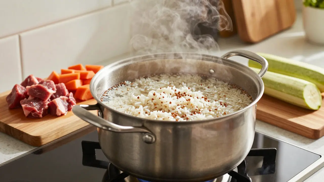 Приготовление риса и гречки на воде с мясом и овощами