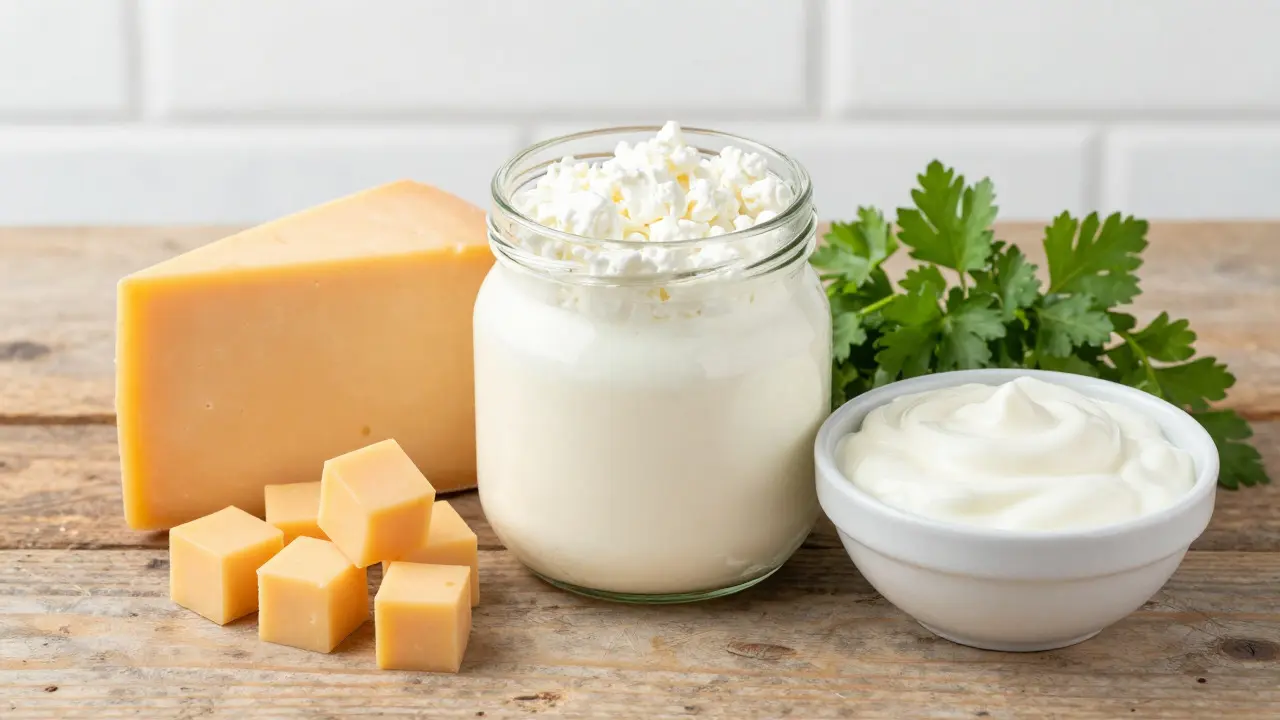 Ассорти безопасных молочных продуктов для собак: творог, сыр и йогурт