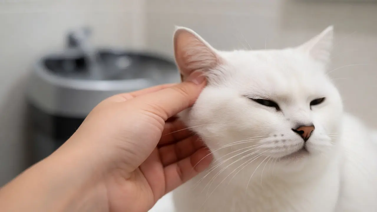 Человеческая рука нежно чешет подбородок и уши белого кота, который расслабленно моргает от удовольствия.