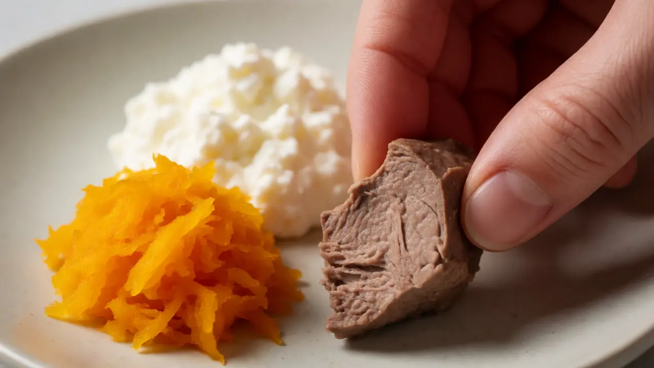 Рука выкладывает полезные продукты для рациона котенка