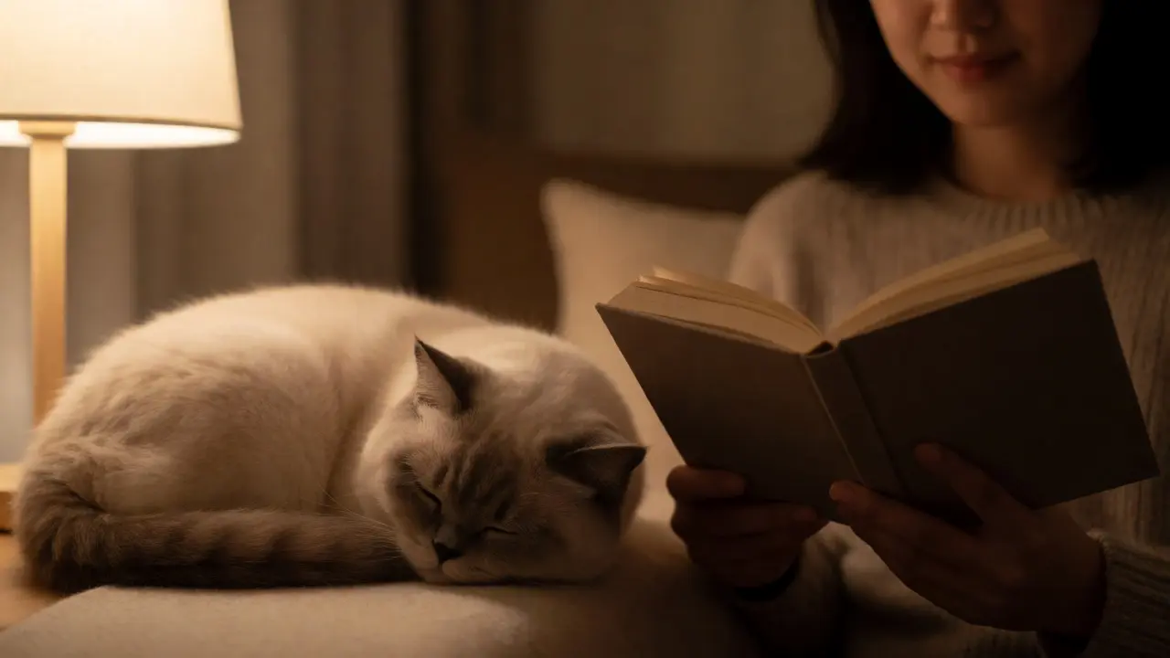Спокойная кошка спит рядом с человеком, читающим книгу в уютной комнате