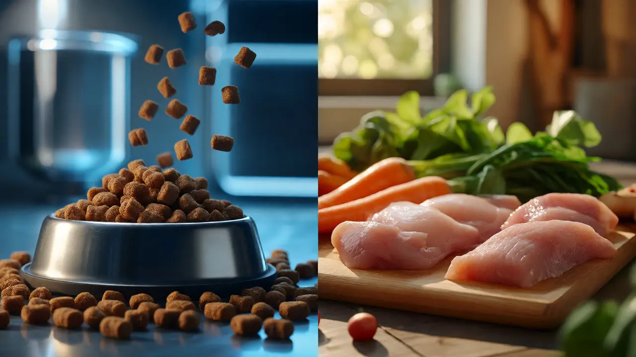 Сравнение сухого корма и натуральных продуктов для собак в концептуальном изображении